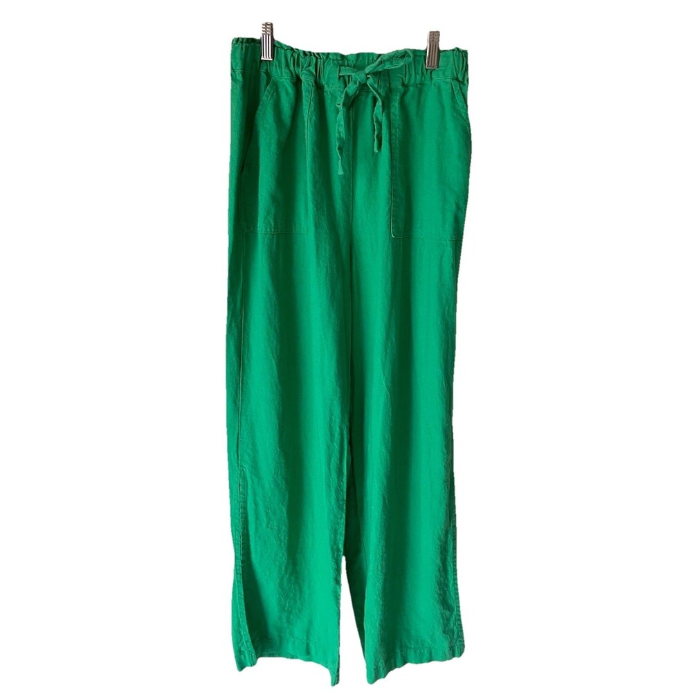 Calligraphie Linen Blend Wide Leg Pants Pull On Boho Hippy Side Slit Green Small